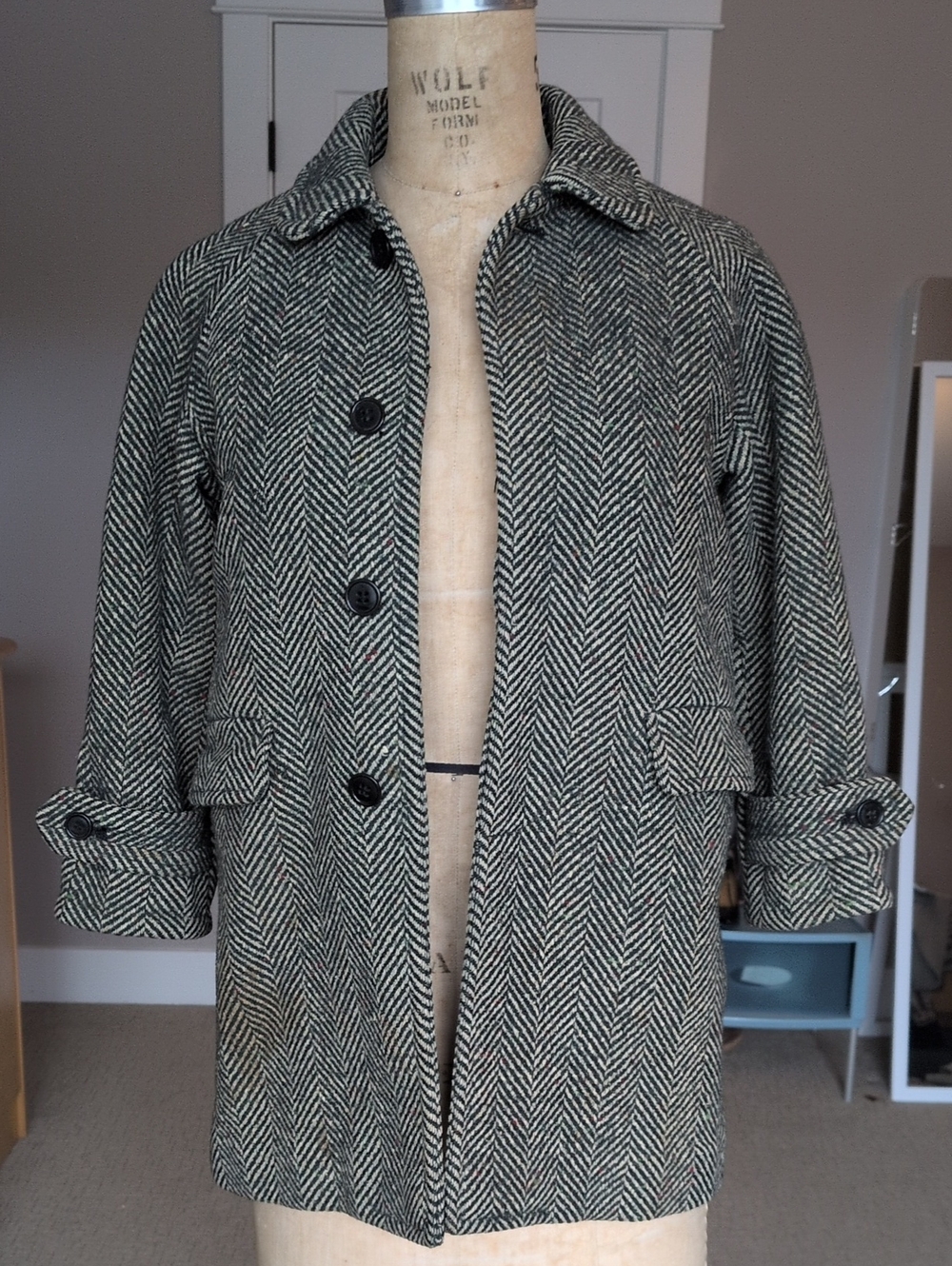XXS Vintage Herringbone Button-Front Coat